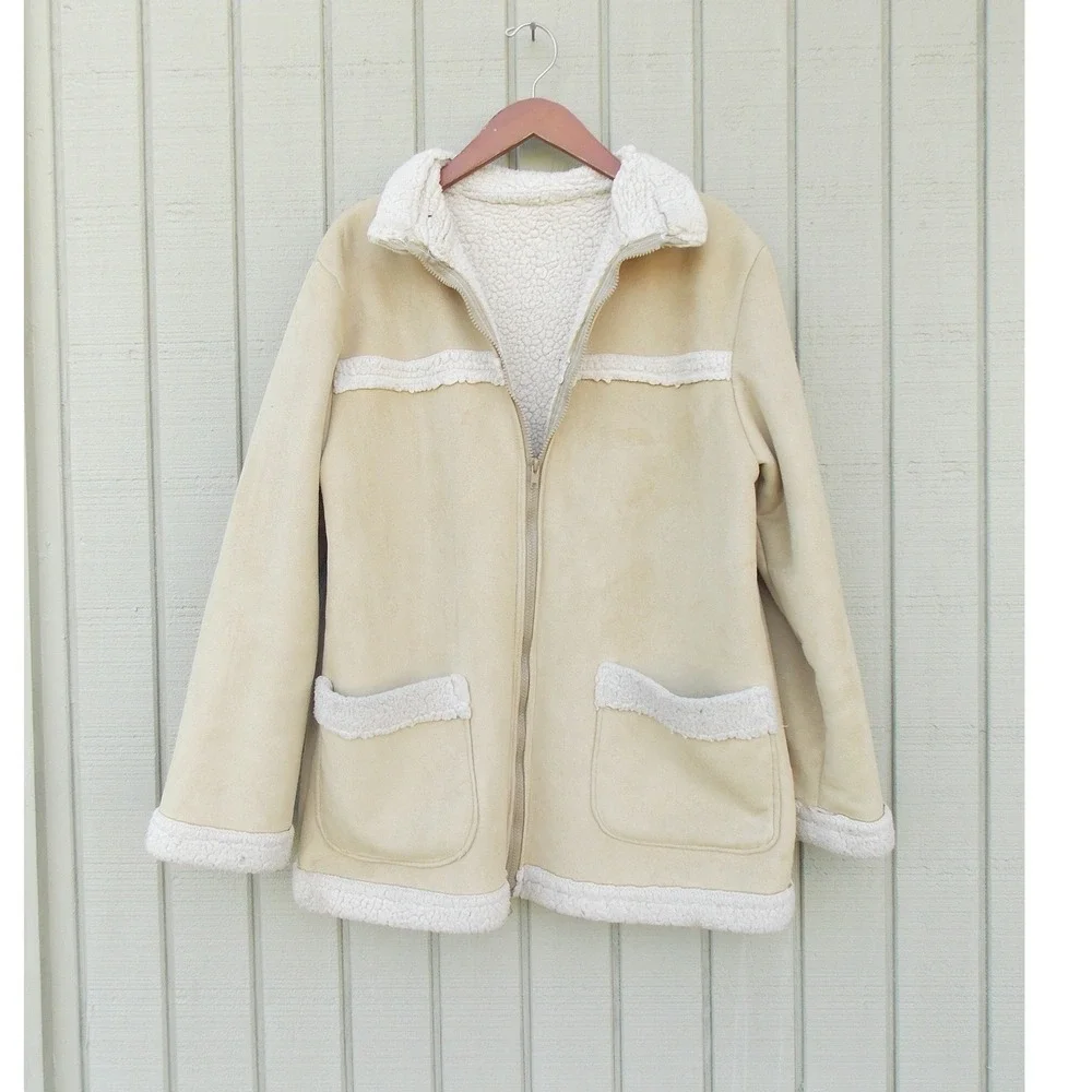 Unbranded Shearling Coat Faux Suede Sherpa Lined Jacket Womens Large Tan Beige
